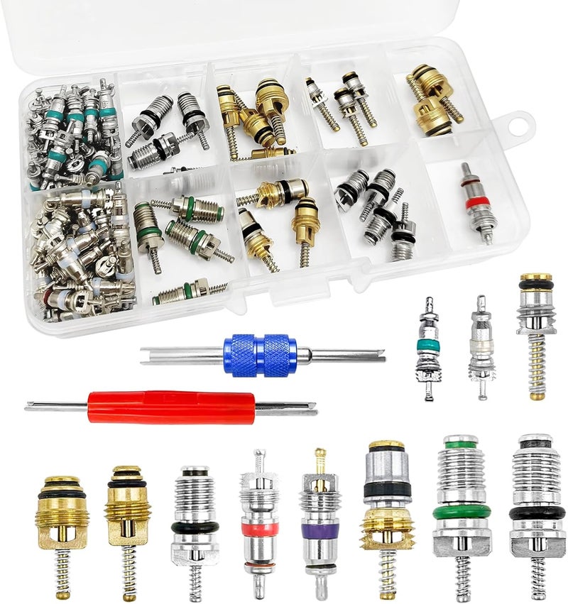 Vrasly 102 قطعة نواة صمام تكييف الهواء - مجموعة ملحقات نواة الصمامات A/C R12 R134a، مجموعة أدوات إصلاح نواة صمام الإطارات لتكييف الهواء في السيارات - Image 1